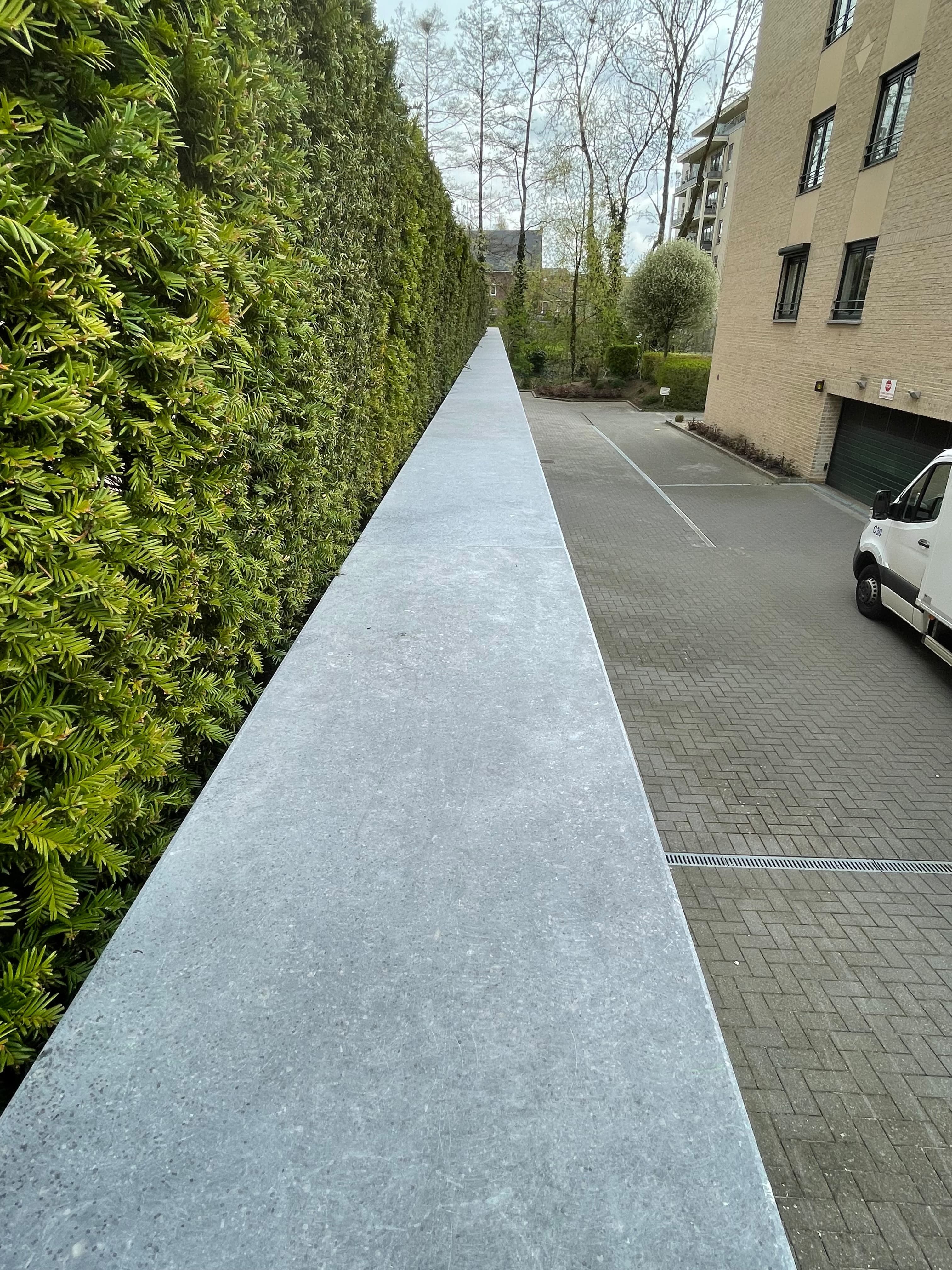 Couvre-mur en pierre bleue posé sur un muret le long d’une allée