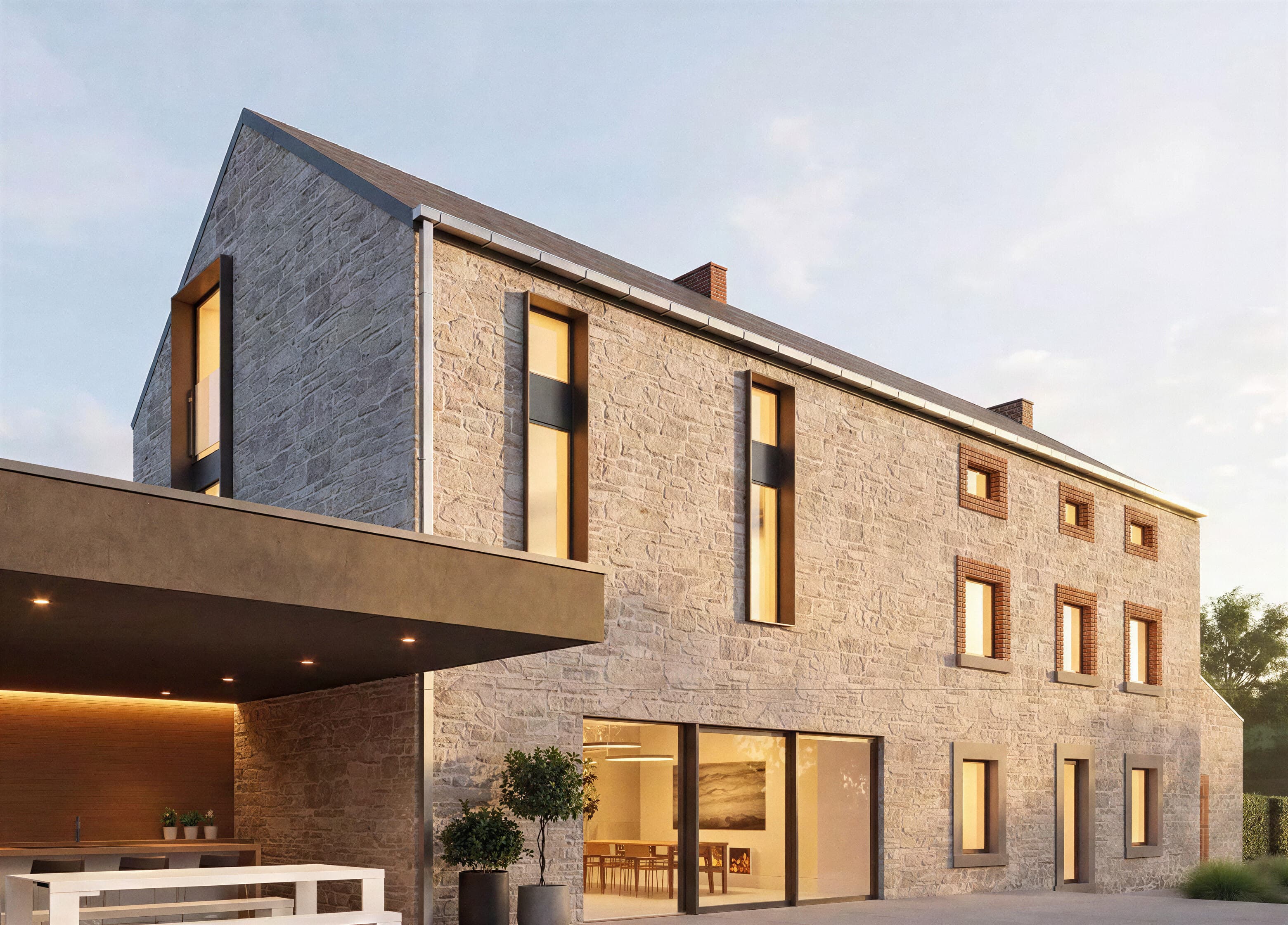 Visuel du projet : maison en pierre du pays rénovée, grandes baies vitrées et terrasse couverte